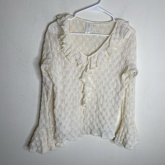 Hand Jive Cream Sheer Ruffle Textured Retro Style Lace Blouse Top Size Small - Picture 2 of 12